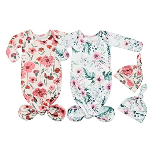 Terriboo Newborn Baby Boy Long Sleeve Sleeper Gown with Mittens Knotted Gown Coming Home Outfit Nightgown Hat Set 2 Pieces