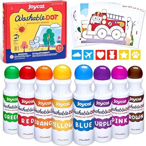 Washable Dot Markers for Kids,8 Colors 2.1 fl.oz Non Toxic Dot Paint Markers with 123 PDF &10 Physical Activity Papers,6 Stencils,Bingo Daubers Markers for Toddler 1-3 Arts and Crafts Supplies
