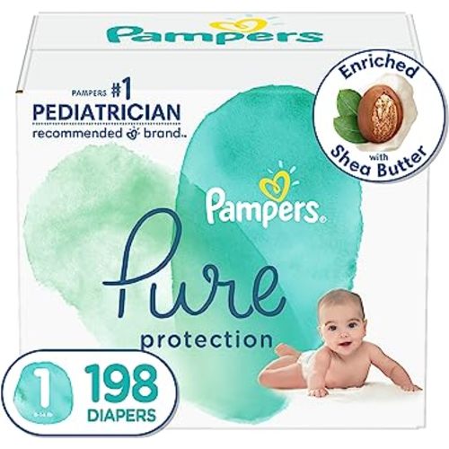 Diapers Size 1, 198 Count - Pampers Pure Protection Disposable Baby Diapers, Hypoallergenic and Unscented Protection (Packaging & Prints May Vary)