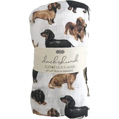 Mud Pie Dachshund Muslin Swaddle Blanket, Baby Receiving Blanket with Watercolor Weiner Dog Print