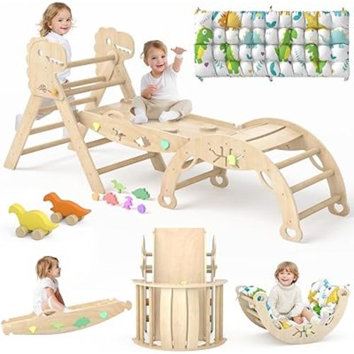 Pikler Triangle Set with Cushion 9 in 1 Climbing Toys for Toddlers 1-3 Indoor Baby Climbing Gym Toddler Montessori Toys Wooden Playground with Maze, Shape Sorting Game, Dinosaur Car