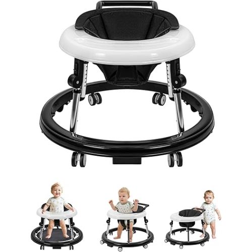 Baby Walker with Wheels, Activity Center with Mute Wheels Anti-Rollover, 5-Position Height Adjustable Foldable Baby Walker for Boys and Girls from 6-18 Months with Footrest…
