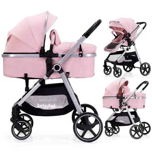 2-in-1 Baby Stroller with Bassinet Mode - Folding Infant Newborn Pram Stroller with Reversible Seat - Toddler Strollers for 0-36 Months Old Babies (Pink)
