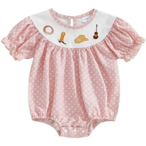 Chloefairy Newborn Baby Girl Western Clothes Smocked Bubble Romper Short Sleeve Dots Bodysuit Infant Summer Cowgirl Outfit