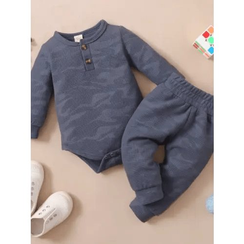 Babies Casual Two-piece Clothes Set, Camouflage Printed Pattern Romper and Pants, Dark Grey/ Orange/ Brown