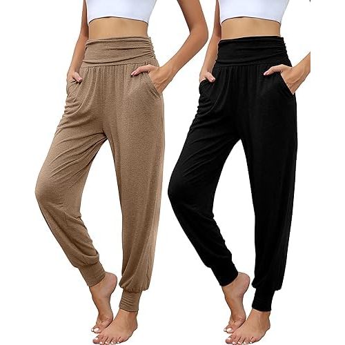 2 Pack Women's Yoga Joggers, Cozy Sweatpants with Pockets Casual Loose Comfy High Waisted Lounge Pants
