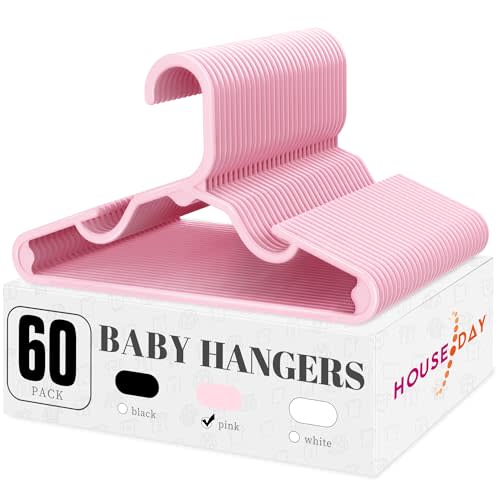 HOUSE DAY Plastic Baby Hangers for Closet 60 Pack, Durable Plastic Kids Hangers for Baby Clothes, Thin & Compact Childrens Hangers, Space Saving Pink Baby Hangers, Small Hangers for Kids Clothes