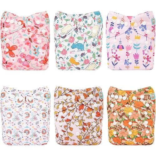 ALVABABY Cloth Diaper One Size Adjustable Washable Reusable for Baby Girls and Boys 6 Pack with 12 Inserts 6DM94A
