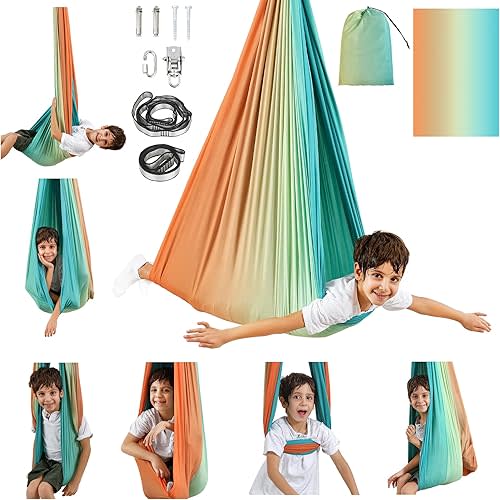 SUCHDECO Sensory Swing Indoor Outdoor for Kids, Therapy Swing for Kids, Swing Hammock for Child & Adult with Autism(Double Layer), Blue-orange