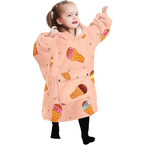 KFUBUO Wearable Blanket Hoodie for Kids Sherpa Patterns Oversized Sweatshirt Blanket With Pocket 6-10 Year Old Girl Birthday Gifts Ice Cream