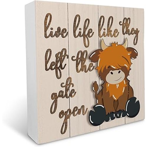 Live Life Like They Left the Gate Open Cute Highland Cow Wood Box Sign Rustic Farmhouse Style Wood Block Plaque Decor for Country Home Bedroom Living Room Wall Desk Shelf Decoration,Housewarming Gifts