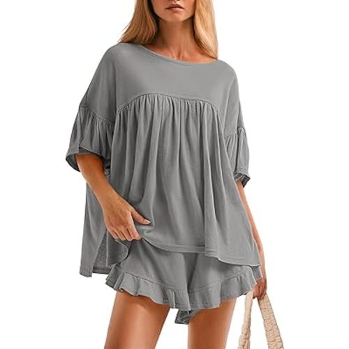ZESICA Women's Summer 2 Piece Outfits 2025 Ruffle Short Sleeve Tops and Shorts Casual Loose Oversized T-Shirts Lounge Sets