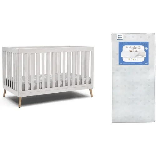 Delta Children Essex 4-in-1 Convertible Baby Crib, Bianca White with Natural Legs + Delta Children Twinkle Galaxy Dual Sided Recycled Fiber Core Crib and Toddler Mattress (Bundle)