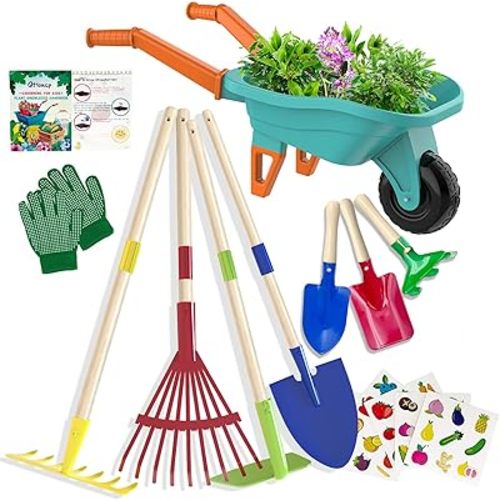 Qtioucp Kids Gardening Tools Outdoor Toys Set Backyard Play with Wheelbarrow Educational STEM Learning Pretend Toys Outdoor Indoor for Toddlers Kids Boys Girls