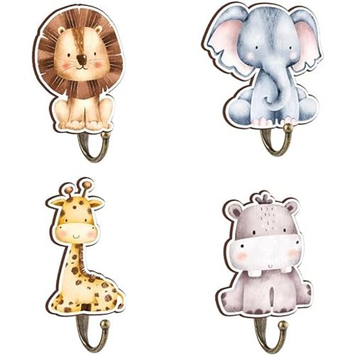 Safari Nursery Decor Animal Wall Hooks, 4 Pcs Wooden Jungle Hooks for Kids Room,Animal Towel Hangers for Baby Boy Nursery Bathroom Bedroom Home Decor, 4 x 4 Inches Cute Hook for Wall
