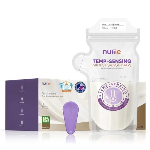 Nuliie 240pcs Temp-Sensing Breastmilk Storage Bag, Huge Temp-Sensing Icon & Locking Clamp, 6oz Breast Milk Storage Bags Freezer Pour Spout, Self Standing Milk Storage Bags Breastmilk, BPA-Free No-Leak