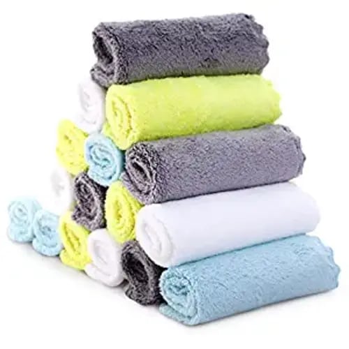 Ultra-Soft Baby Washcloths, 16 Pack - 9" by 9", Gentle on Sensitive Skin for Face and Body, Plush, Super Absorbent Wash Clothes for Girls and Boys - White+Grey+Yellow+Aquamarine - 9x9 Inch (Pack of 16)