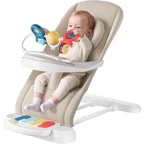 Monamii Baby Bouncer, Baby Bouncer Seat with Detachable Pianos & Feeding Tray, 3-Level Adjustable Positions Bouncing Seat, Infant Bouncer Seat and Toddler Chair (Beige)
