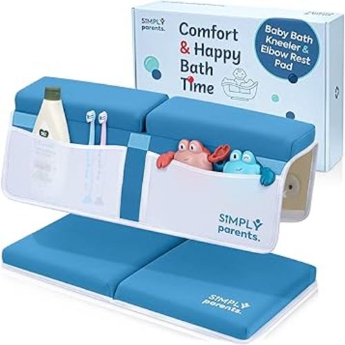 Simply Parents Comfortable Baby Bath Kneeler and Elbow Rest Pad Set - Quick-Dry Non-Slip Bath Kneeling Pad for Bathing Baby, Baby Bath Time Essentials for Newborn, Turquoise Blue