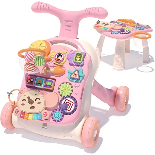 QDRAGON 3 in 1 Baby Walker and Activity Center for Girl, Learning to Walk, Sit to Stand, Early Educational Push Toys with Music Panel for Infant Toddler 12+ Months Pink