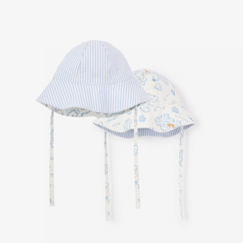 Oxford Stripe & World Explorer Print Reversible Sunhat BLUE / 3-9M