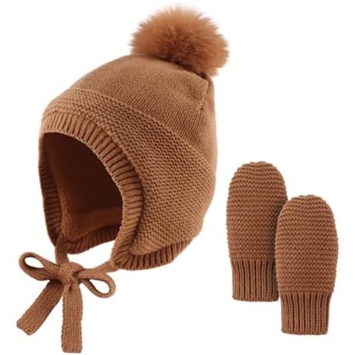 Basic Winter Baby Beanie Gloves Boys Girls Knitted Hat Pompom Kids Earflap Hats Warm Infant Toddler Beanie Mittens Set