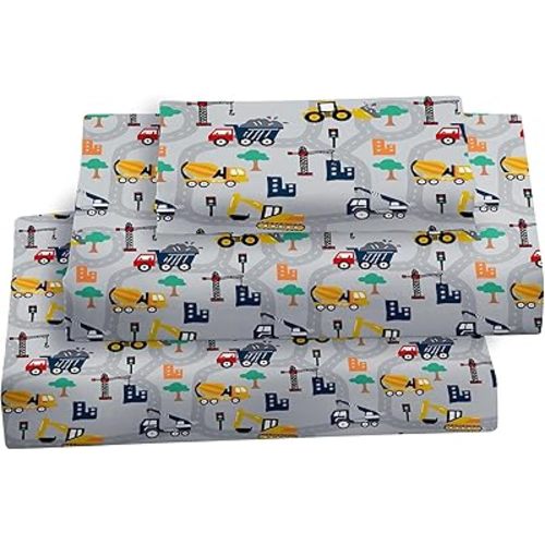 Kids Bed Sheet Set, Full Size Microfiber Fitted Sheet, Breathable & Silky Soft Feeling, 4 PCs Excavator Full Bed Sheet
