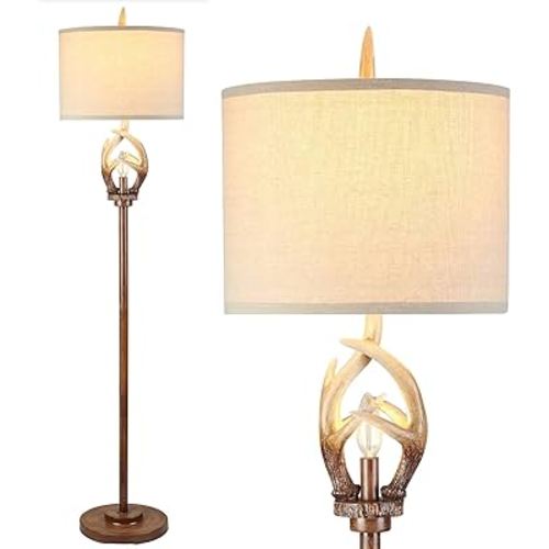 Scenekoy Rustic Farmhouse Antlers Floor Lamp with Nightlight Hardback Shade Lamps for Living Room Bedroom Office Study House