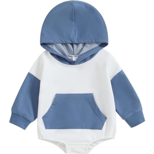 Thorn Tree Newborn Baby Boys Hooded Sweatshirt Long Sleeve Solid Romper Infant Baby Fall Winter Spring Outfits - Blue White Romper - 0-3 Months