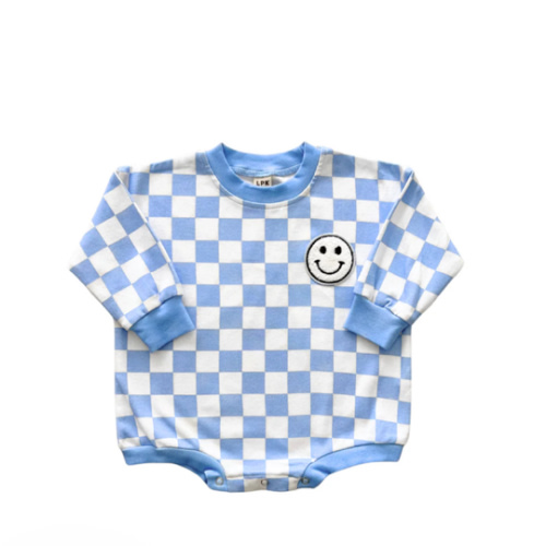 Bubble Romper | Checkered Smiley Blue