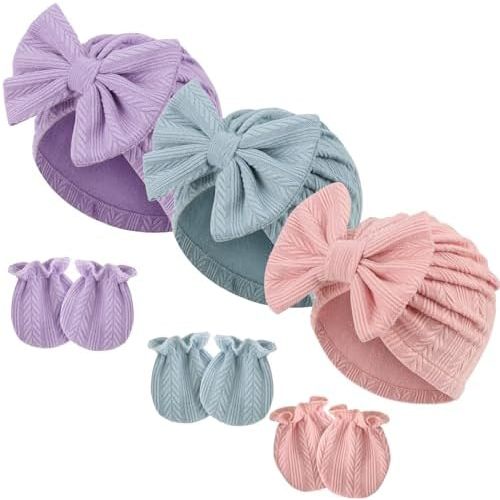 BQUBO Newborn Baby Hospital Hats Beanie Bow Infant Caps Baby Cotton No Scratch Mittens Set for 0-6 Months