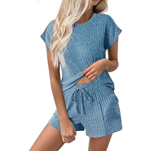 Ekouaer Pajamas for Women Ribbed Knit Lounge Set Cap Sleeve Top and Shorts Loungewear Sleepwear with Pockets S-XXL