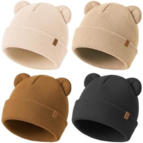 Konssy 4 Pack Baby Winter Hat with Bear Ears, Warm Rib Baby Knit Beanie for Newborns & Infants, Cozy Hat 0–6 Months