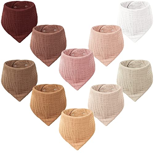 Konssy Muslin Baby Bibs 10 Pack Baby Bandana Drool Bibs 100% Cotton for Unisex Boys Girls,10 Solid Colors Set for Teething Drooling