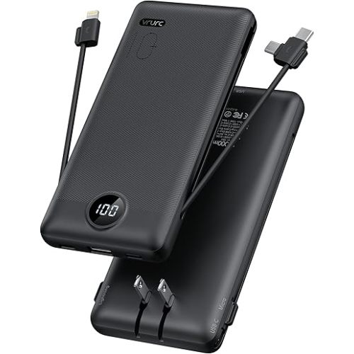 VRURC Portable Charger Built-in Cables and AC Wall Plug, USB C Power Bank 10000mAh, Travel Essentials Phone Charger Compact Lightweight External Battery Pack for Smart Phones, Tablets-Pure Black