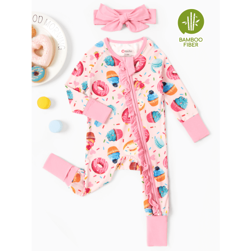 PatPat Baby Girl Pajamas Bamboo Viscose Footed & Footless 2-Way Zipper Footies Baby Girl Gifts Sleep N Play Pajamas with Headbands Pink Newborn 0-3 Months