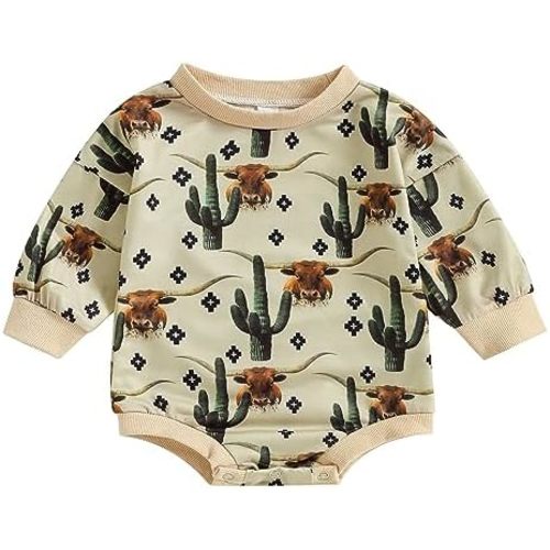 SAYOO Western Cowboy Outfits Baby Girl Boy Sweatshirt Romper Cow Print Oversized Sweater Bodysuit Infant Fall Clothes 0-24M