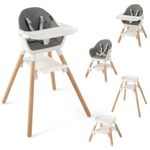 Costway 6-in-1 Convertible Wooden Baby Highchair Infant Feeding Chair with Removable Tray Black/Grey/Pink/White/Beige, Color: White