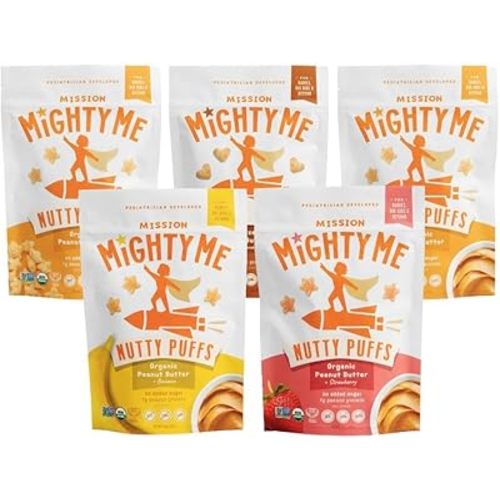 Mission MightyMe Nutty Puffs All-Flavor Variety Pack - Pediatrician Developed - USDA Organic, Plant-Based Protein, Gluten-Free - Peanut, Strawberry, Banana, Tree Nut, Cinnamon Flavors (1.5oz, 5-Pack)