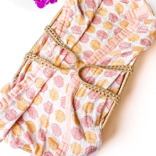 Sea Shells – Apricot Trim | 6-Layer Organic Bamboo Muslin Baby Blanket – Coca + B.