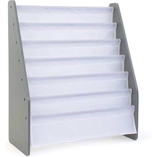 Humble Crew Kids Bookshelf 6-Tier Book Rack Organizer, Extra Large Toddler Bookcase with Fabric Storage Pockets, Front-Facing Display for Children’s Books, Grey/White, Nursery & Playroom Storage
