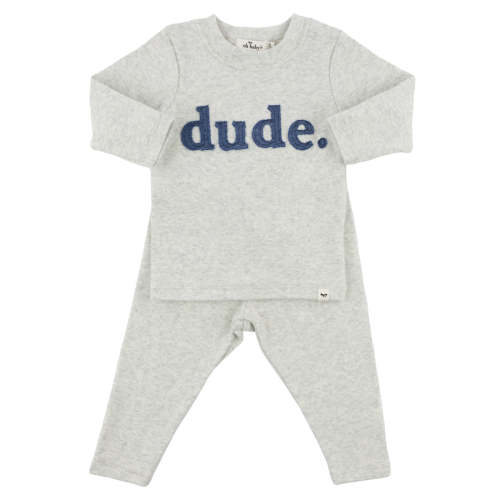 oh baby! Two Piece Set - Denim "dude" Applique - Heather Gray