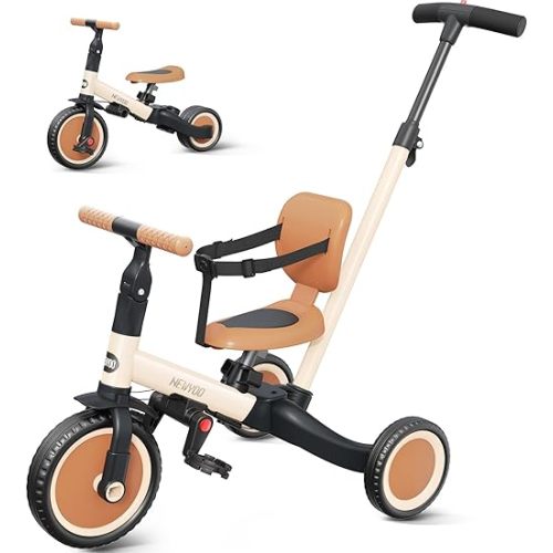 newyoo Toddler Tricycle with Push Handle for 1-3 Year Old, Toddler Bike, Birthday Gift and Toy for Boys and Girls, 5 in 1 Kids Trike, Balance Bike with Backrest and Safety Belt, Khaki, TR007