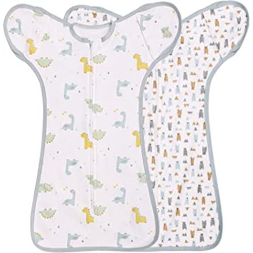 2 Pack Transition Swaddle with 2 Way Zipper, 2 in 1 Arms in/Out Transitional Arms Up Swaddle, 100% Cotton Newborn Swaddles Zipper Swaddles Baby Swaddling Sack Sleep Sack 0-3 Months, Dinosaur & Bear