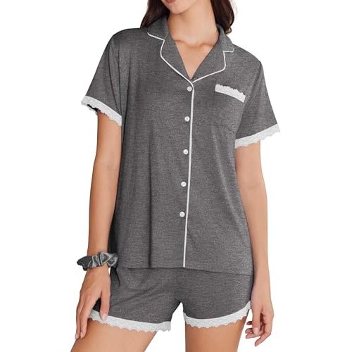 Ekouaer Womens Short Sleeve Pajamas Set Soft Sleepwear Button Down Lounge Set Lace Top and Shorts Pj Nightwear
