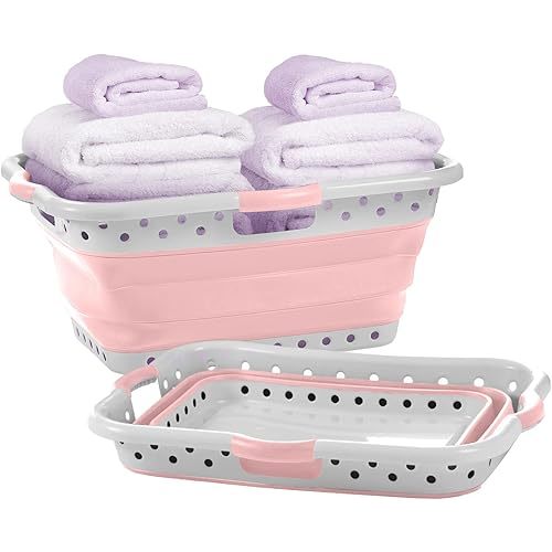Pop & Load Collapse & Store 1 Large 25" Slim Collapsible Plastic Laundry Basket, Space Saving Portable Pop Up Storage & Organization Basket, 3" High When Folded, 3 Comfort Grip Handles, Blush Pink