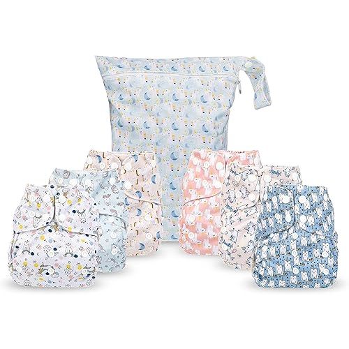 Simple Being Reusable Cloth Diapers, Double Gusset, One Size Adjustable, Washable Soft Absorbent, Waterproof Cover, Eco-Friendly Unisex Baby Girl Boy, six 4-Layers Microfiber Inserts (Unicorns)