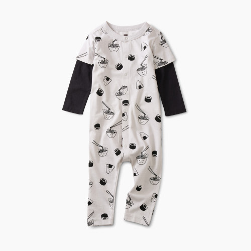 Tea Collection Layered Button-Up Baby Romper - Sushi & Ramen In Grey, 0-3M