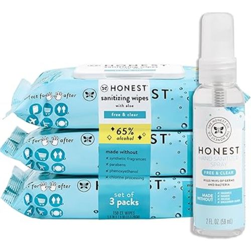 The Honest Company Fragrance Free Sanitizing Alcohol Wipes and Hand Spray Bundle | Kills 99% of Germs, Made with Aloe to Moisturize | 150 Count (3 packs of 50), 2 fl oz