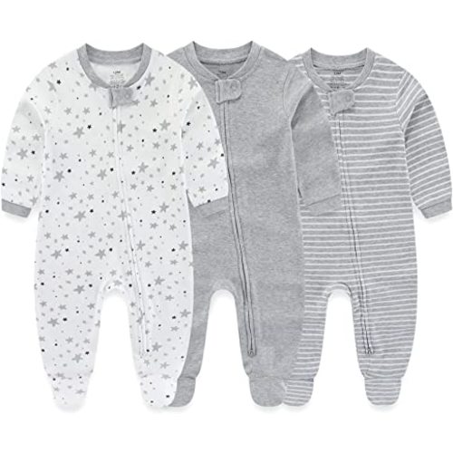 Newborn Baby Boy Girls Clothes 2-Way Zip Footed Cotton Bodysuit 3-Pack Long Sleeve Outfits 0-12Months